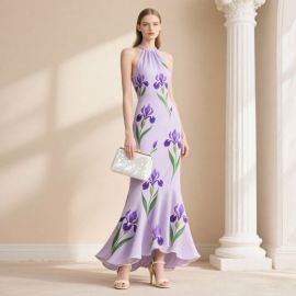 Elegant Lavender Iris Print Halter Neck Mermaid Maxi Dress