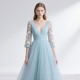 Elegant Light Blue Deep V-Neck Tulle Gown with Floral Embroidered Sleeves