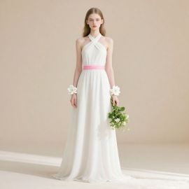 Elegant White Halter Neck Long Dress with Pink Waistband - Bridesmaid/Wedding Guest Gown