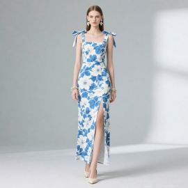 Elegant Blue & White Floral Print Bow - Shoulder Strap Maxi Dress with High Slit