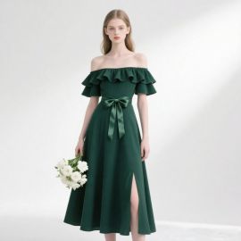 Elegant Emerald Green Off - Shoulder Ruffled Midi Dress with Sash Belt & Slit