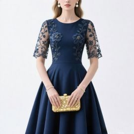 Elegant Navy Blue Lace-Embroidered Midi Dress for Formal Occasions