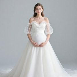 Elegant Off - Shoulder Maternity Wedding Dress with Lace Ruffle & Polka Dot Sleeves