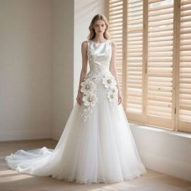 Elegant Sleeveless Wedding Dress: 3D Floral Embroidery & Tulle Train Bridal Gown
