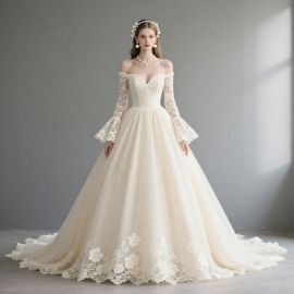 Elegant Off - Shoulder Lace Long Sleeve Ball Gown Wedding Dress with Train
