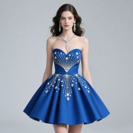 Royal Blue Strapless Short Prom Dress with Crystal Embellishment