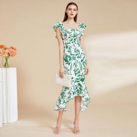 Women's Square Neck Ruffled Sleeve Green Leaf Print Asymmetric Hem Midi Dress
