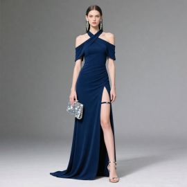 Elegant Navy Blue Off - Shoulder Cross Neck High Slit Evening Gown