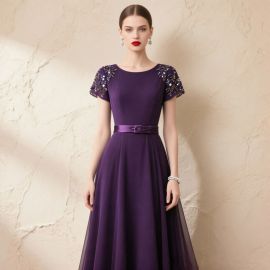 Elegant Purple Beaded Midi Dress with Satin Belt for Formal Events