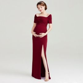 Elegant Burgundy Off - Shoulder Maternity Gown with High Slit for Formal Events