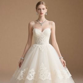 Elegant Lace Spaghetti Strap Ball Gown Wedding Dress - Timeless Bridal Gown