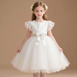 Chic Girls White Tulle Dress with Ruffled Sleeves & Rhinestone Belt - Ideal for Weddings/Parties