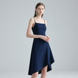 Elegant Navy Blue Asymmetric Hem Slip Dress - Chic & Sophisticated Design