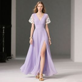 Elegant Lavender Chiffon Maxi Dress with Lace Short Sleeves & High Slit