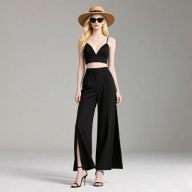 Black Crop Top & High - Waisted Slit Wide Leg Pants | Chic Women's Fashion Set
