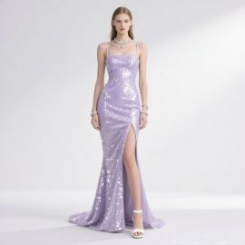 Lavender Sequined Spaghetti Strap High Slit Mermaid Evening Gown