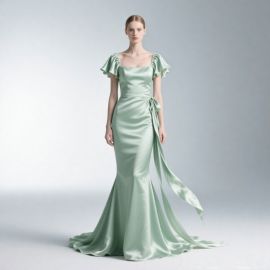 Elegant Mint Green Satin Mermaid Evening Dress with Square Neck & Ruffled Cap Sleeves