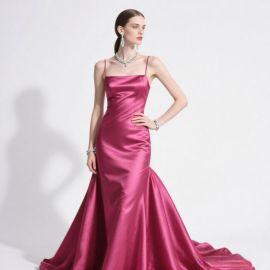 Elegant Pink Satin Mermaid Gown with Spaghetti Straps - Formal Evening Dress