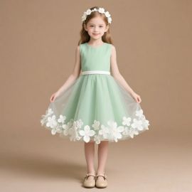 Mint Green Sleeveless Girl's Dress with White Flower Lace Hem - Party Wear