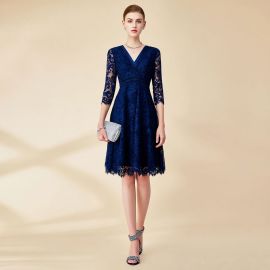 Elegant Navy Blue Lace V-Neck Dress with 3/4 Sleeves & Flared Hem