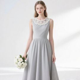 Elegant Light Gray Sleeveless Dress with Lace Collar - Perfect for Bridesmaids & Formal Events