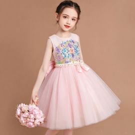 Girls Pink Tulle Dress with Sequin Embroidery & Bowknot Waist - Party/Wedding Gown