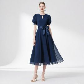 Navy Blue Puff Sleeve Bow Belt Chiffon Midi Dress - Elegant Vintage Style