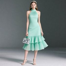 Mint Green Halter Neck Ruffled Midi Dress - Summer Elegance