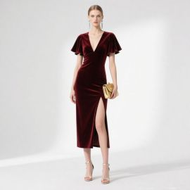 Elegant Burgundy Velvet Dress: Deep V-Neck, Flutter Sleeves & High Slit