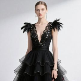 Elegant Black Evening Dress: Feather Shoulders, Lace Sequins, Deep V-Neck & Tiered Tulle Skirt
