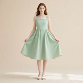 Mint Green Sleeveless Square Neck A-Line Midi Dress - Casual Summer Style