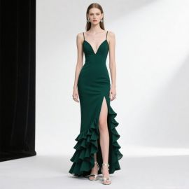 Emerald Green Spaghetti Strap Deep V-Neck High Slit Ruffled Evening Gown