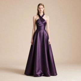 Elegant Purple Satin Cross-Neck Halter High-Waisted Ball Gown - Formal Evening Dress