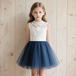 Adorable Girl's Dress: White Lace Top & Navy Blue Tulle Skirt for Parties