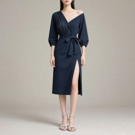 Elegant Navy Blue One - Shoulder Dress with Pleats, Belt & High Slit