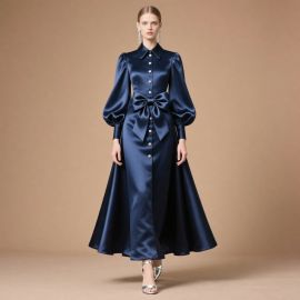 Navy Blue Satin Maxi Dress with Puff Sleeves & Bow Belt - Elegant Evening Gown