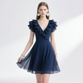 Navy Blue Ruffled V-Neck Short-Sleeve A-Line Dress - Elegant Party Style
