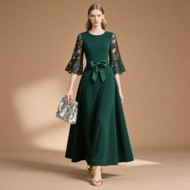 Elegant Emerald Green Maxi Dress with Lace Sleeves & Bow Belt - Chic Evening Gown for Women