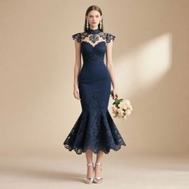 Navy Blue High-Neck Lace Mermaid Midi Dress: Elegant Floral Embroidered Formal Gown