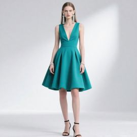 Teal Sleeveless Deep V-Neck A-Line Dress - Elegant Women's Fashion