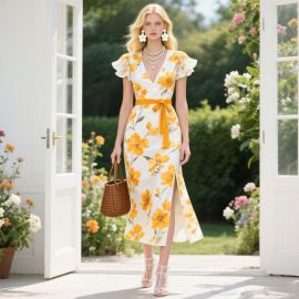 Elegant Yellow Floral Print Midi Dress - V-Neck Ruffled Sleeves Belted Waist Side Slit Summer Style