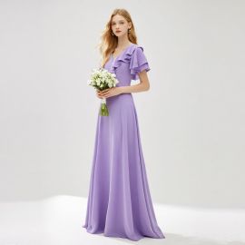 Elegant Lavender Purple Long Chiffon Ruffle V-Neck Bridesmaid Evening Gown