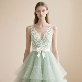Elegant Mint Green Lace V - Neck Sleeveless Dress with Bow Belt & Tiered Tulle Skirt