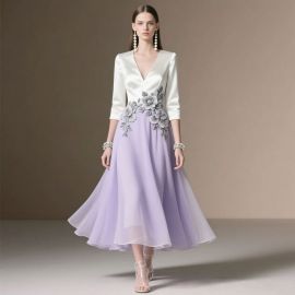 Elegant V-Neck Floral Embroidered Midi Dress - Chic Formal Wear