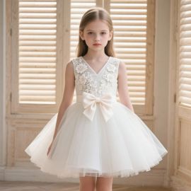 Kids Girls White Lace Dress with Big Bow - Party Wedding Flower Girl Gown