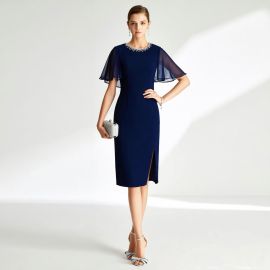 Navy Blue Elegant Midi Dress: Beaded Neckline, Chiffon Sleeves & Side Slit Design
