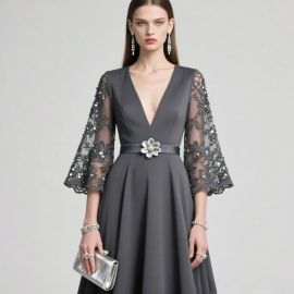 Elegant Dark Grey V - Neck Dress with Lace Sleeves & Floral Belt Detail