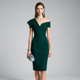 Elegant Emerald Green Off - Shoulder Dress with Asymmetric Ruffle - Chic Formal Wear