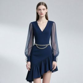 Elegant Navy Blue V-Neck Dress: Sheer Long Sleeves, Chain Belt & Asymmetric Ruffle Hem