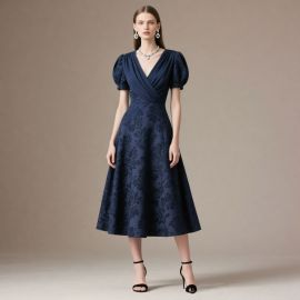 Elegant Navy Blue Floral Jacquard Midi Dress with Puff Sleeves & V-Neck
